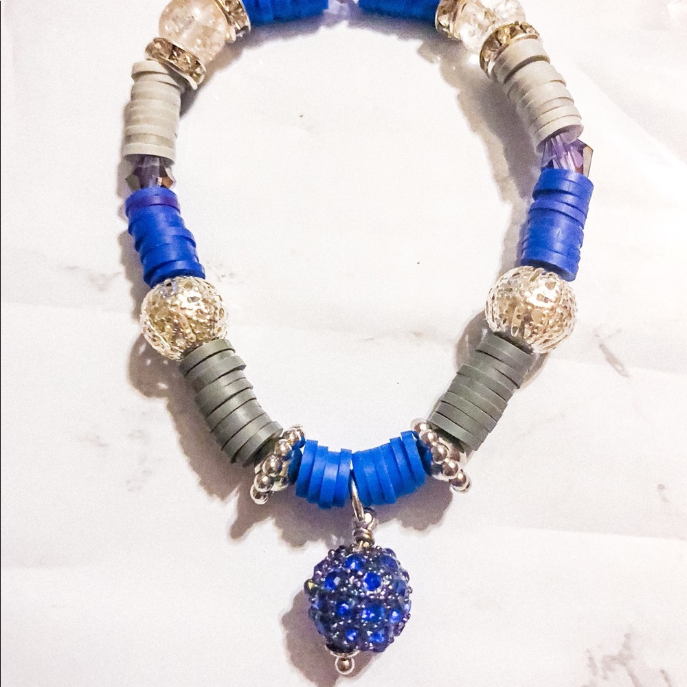 Blue & Grey Clay Bead Rhinestone Charm Bracelet